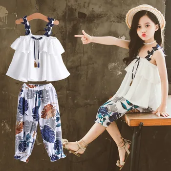 

2020 summer kids baby Girls Clothes Teenager white Strapless Vest t shirt Tops + loose pants Shorts 4 5 6 7 8 9 10 11 12 year