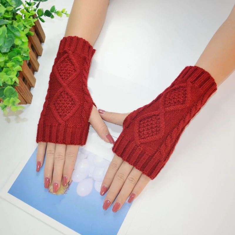 Модные зимние женские вязаные перчатки без пальцев, однотонные женские перчатки, теплые женские перчатки, зимние теплые перчатки с шерстью