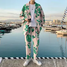 Moda 2021 terno masculino três quartos mangas jaqueta cintura elástica tornozelo comprimento calças impressão streetwear roupas conjuntos de oversize
