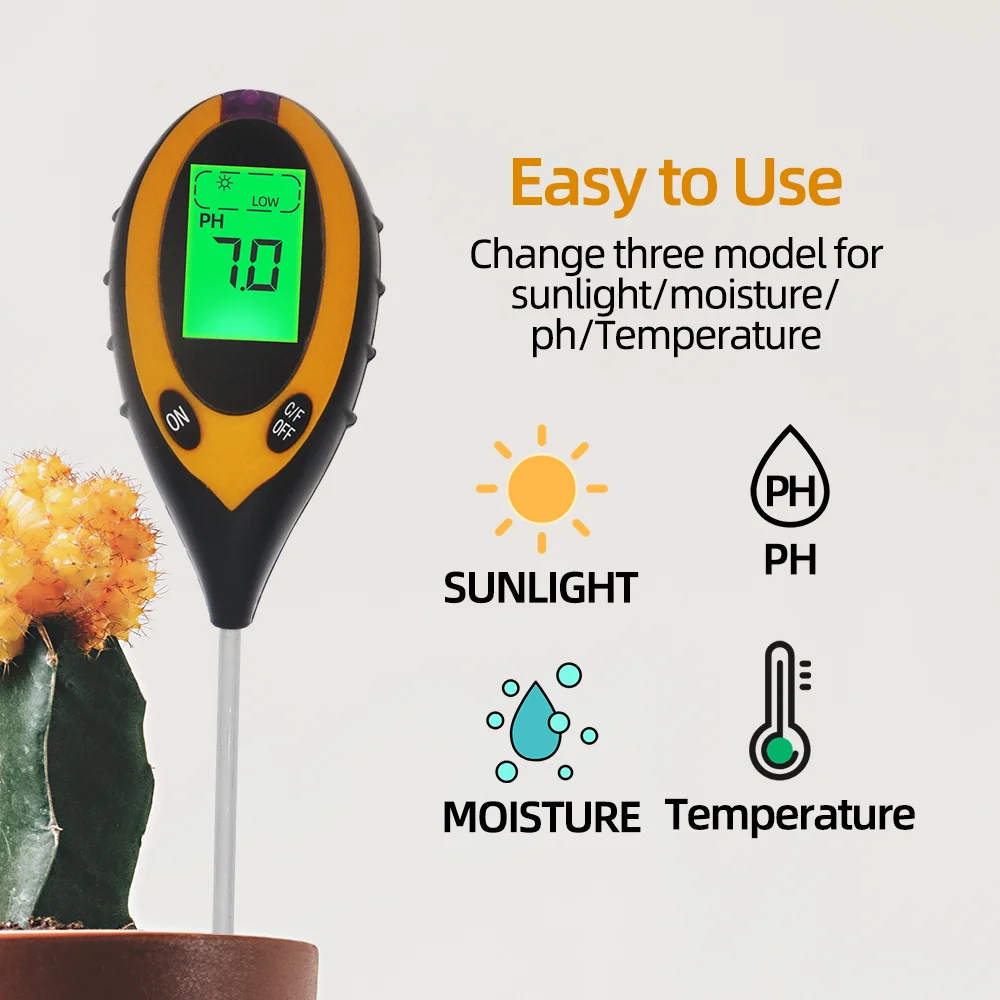 Soil PH Tester LCD Digital Water Moisture Temperature Sunlight Test Meter Plant 