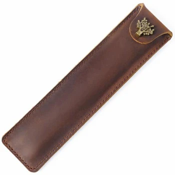 

Genuine Leather Pen Pouch Holder Single Pencil Bag Pen Case with Snap Button for Rollerball Fountain Ballpoint Pen-Brown
