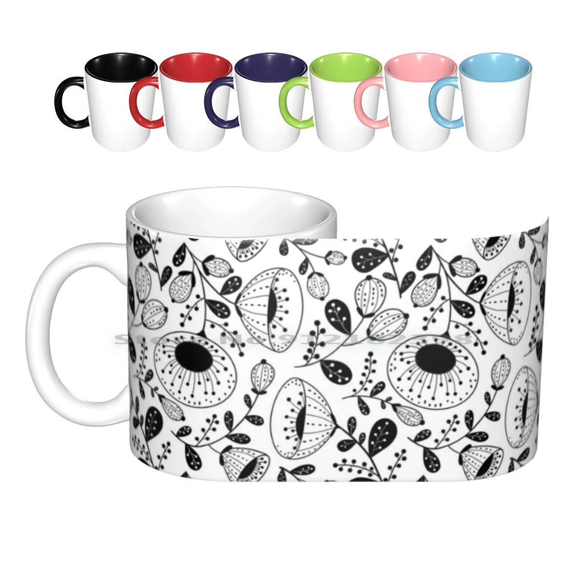 Black On White Floral Design Ceramic Mugs Coffee Cups Milk Tea Mug Black  And White Black White Line Drawing Ink Pattern Design|Mugs| - AliExpress
