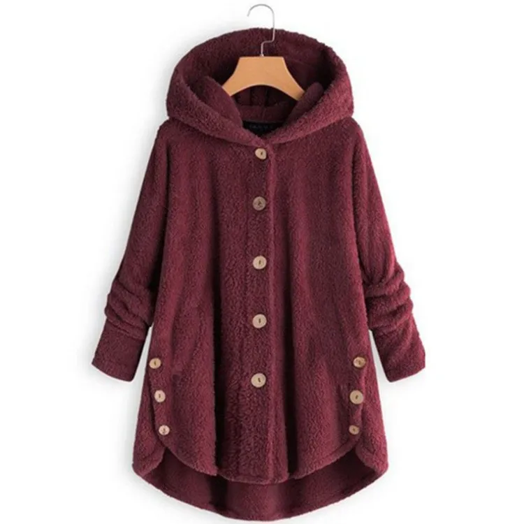 Теплая зимняя женская куртка с капюшоном, новинка, горячая распродажа, пальто из искусственной кнопки для меха, большие размеры, S-5XL, плюшевое пальто - Цвет: 1960 Wine Red