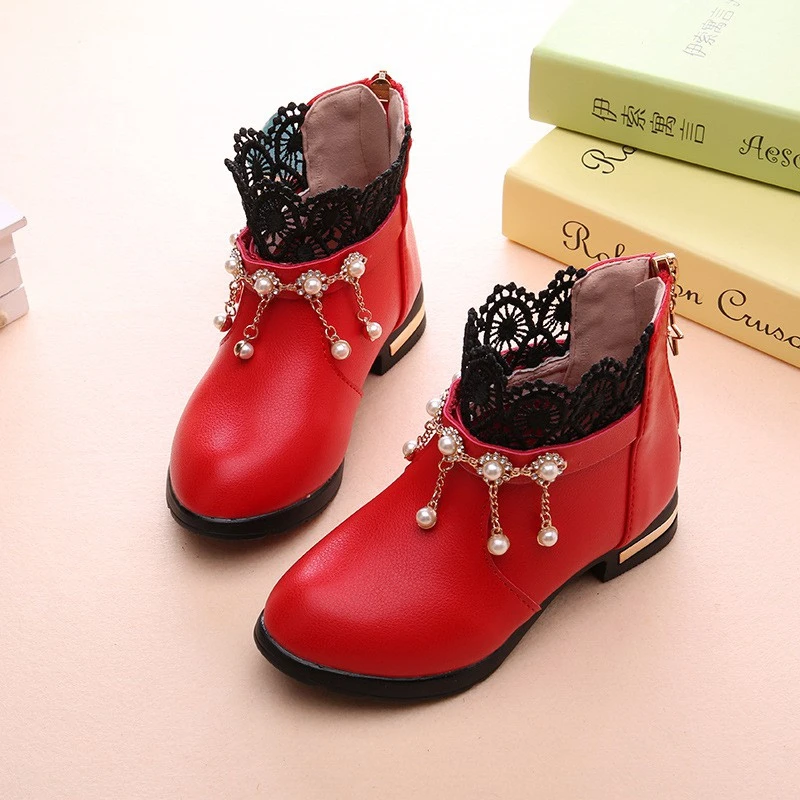 JGSHOWKITO/Обувь для девочек; ботильоны; теплые хлопковые сапоги принцессы из искусственной кожи с кружевом; детские резиновые сапоги с жемчугом и бусинами - Цвет: Красный