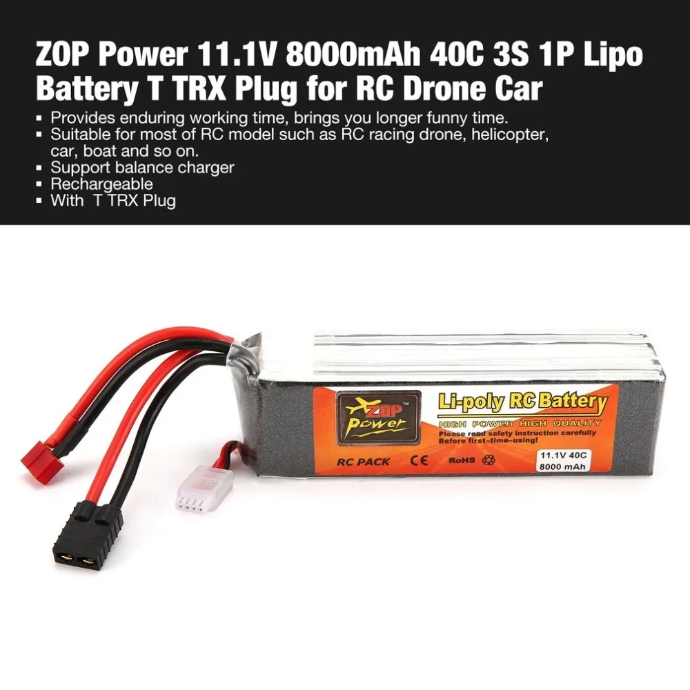 

ZOP Power 11.1V 8000mAh 40C 3S 1P Lipo Battery T Plug Rechargeable for RC Racing Drone Quadcopter Helicopter Car Boat