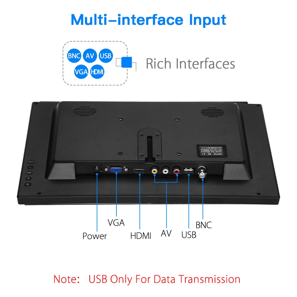 13.3'' IPS Screen Monitor Display 1920x1080 AV/VGA/BNC/USB HDMI input LCD Monitors Video Audio CCTV Monitor Security LED Display