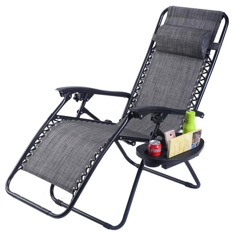 

2 pcs Lounge Chair Folding Zero Gravity Chair Outdoor Picnic Camping Sunbath Beach Chair with Utility Tray