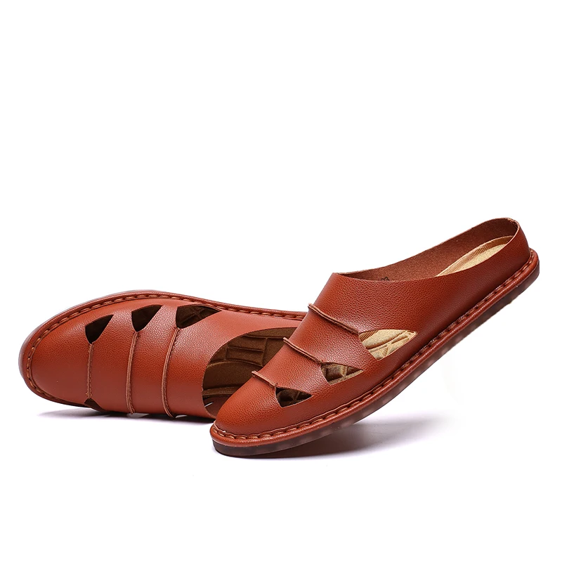 KATESEN/Новинка; летние мужские сандалии; мягкие кожаные тапочки; дышащая Нескользящая пляжная обувь; мужские шлепанцы; zapatos hombre; мужская обувь - Цвет: Q103-brown