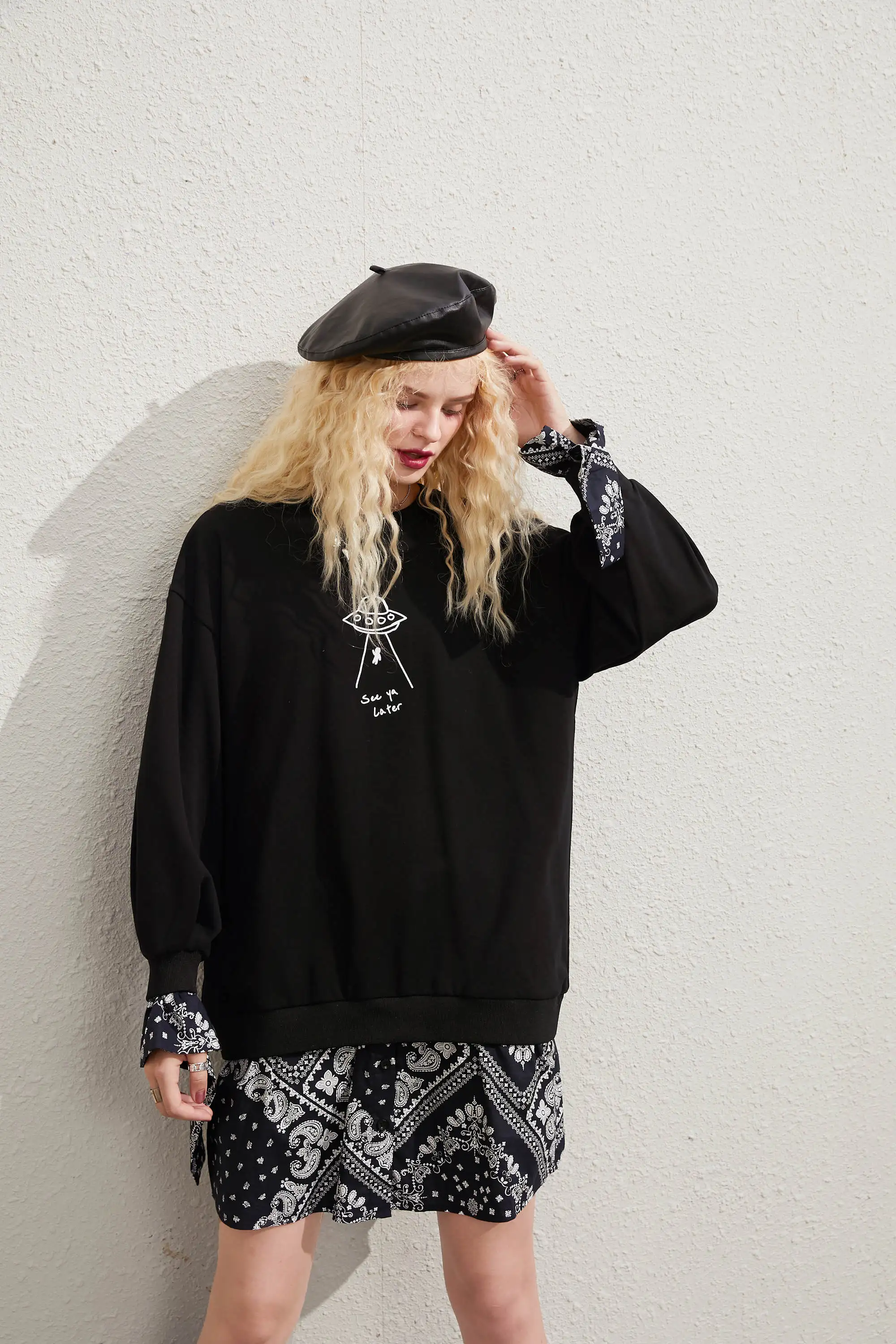 ELFSACK Black Graphic Print Casual Mini Dress Women,2020 Autumn ELF Vintage Full Sleeve Patchwork ,Korean Ladies Daily Dresses