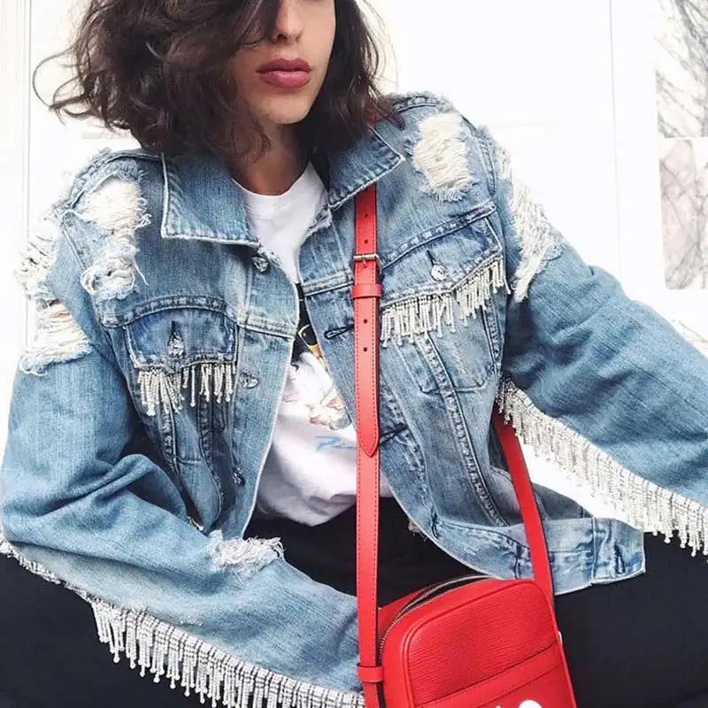 Богемный Вдохновленный женский джинсовый жакет с цепочкой 2019 осенне зимняя