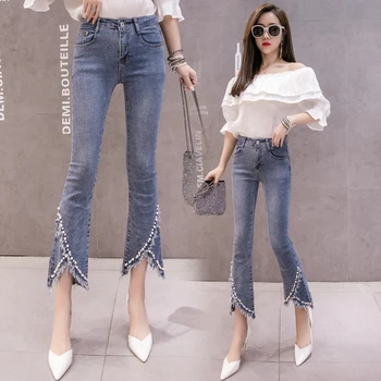 

Plus Size Flare Jeans For Women Beaded Tassel High Waist Elastic Slim Denim Pants Ankle Length Femme Trousers Boyfriend 3201