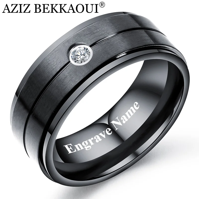 AZIZ BEKKAOUI Black Engrave Name Stainless Steel Rings for Men DIY Wide Crystal Ring Male Finger Rings Gift