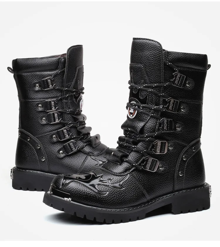 Mens Metal Gothic Mid-Calf Boots Punk Retro Leather Motorcycle Boots Male ShoesArmy Boots Men Military Boots Cowboy Snow Boots