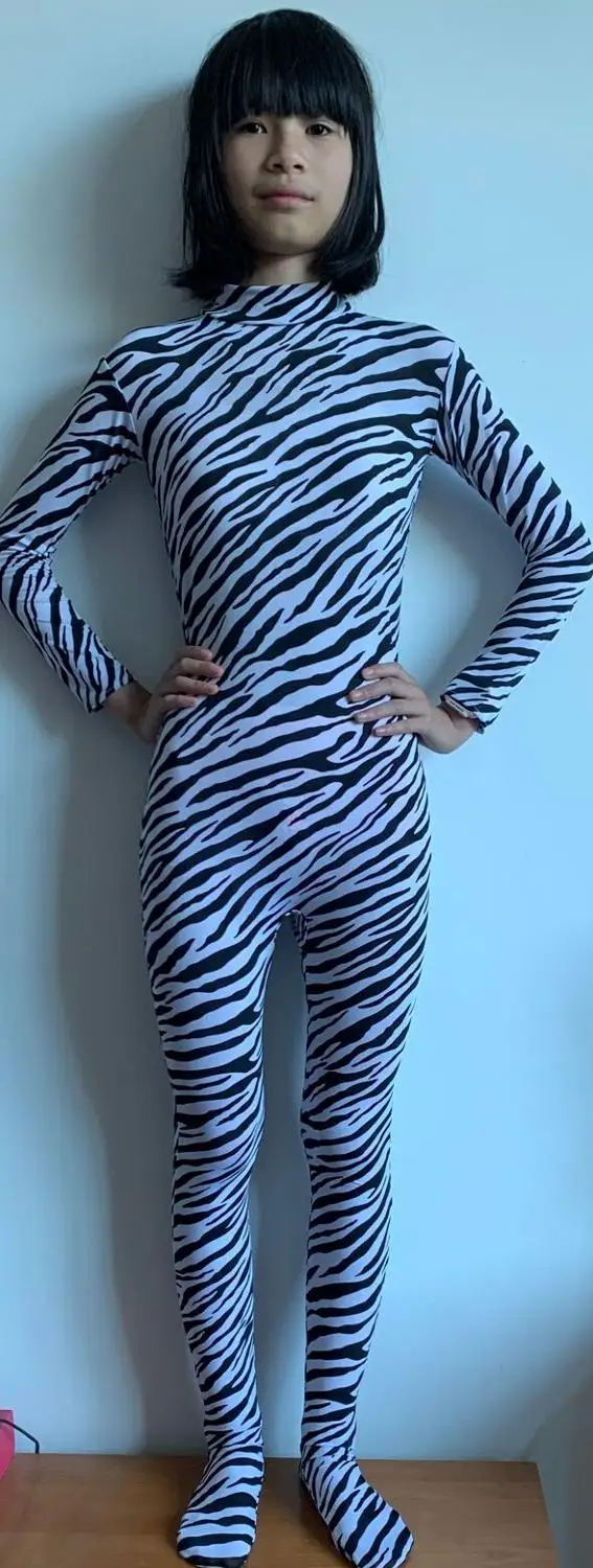 Детский костюм унисекс из спандекса и кожи Zentai для взрослых с рисунком зебры в