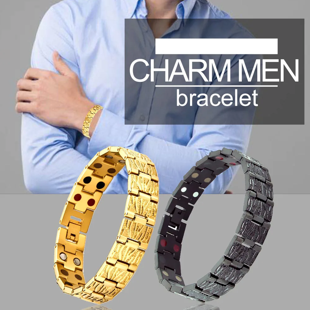Fashion Jewelry Magnetic Therapy Bracelet 316L Stainless Steel Double row energy elemental version Stylish men gold wide edition | Украшения