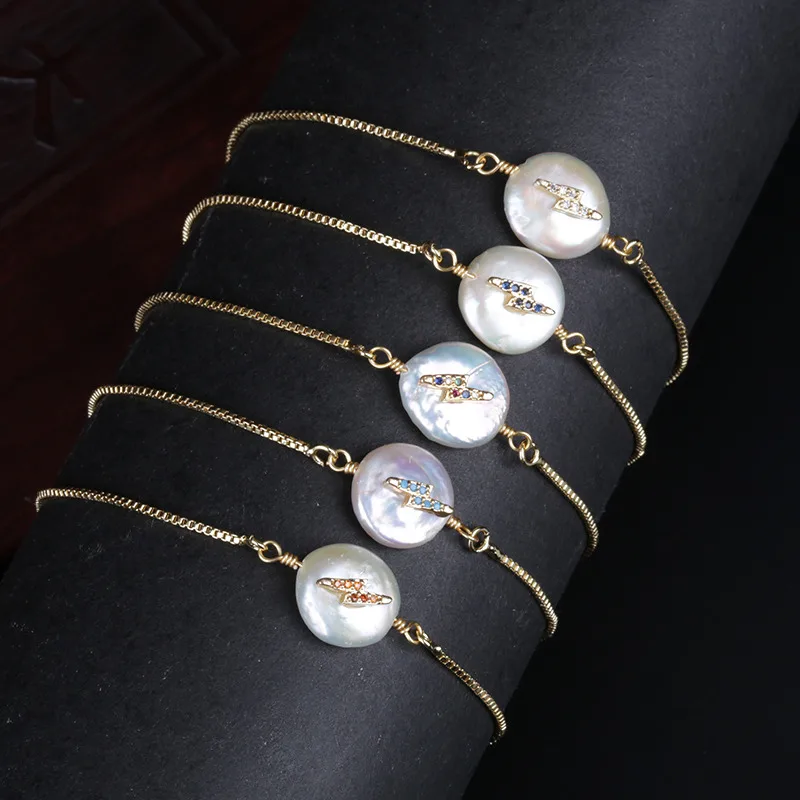 

tiny gold cz crystal paved lightning flash charm natural freshwater pearl bead connector thin link dainty bracelet for women