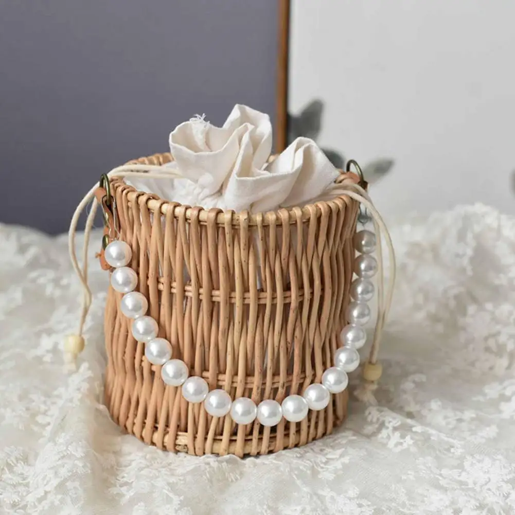 

50%HOT2022 Woven Straw Bag Faux Pearl Handle Rattan Beach Handbag Girls Pearl Chain Beach Travel Bag Tote Bag