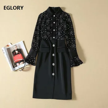 

Elegant Work Dress 2019 Autumn Fashion Women Turn-down Collar Star Floral Print Beading Button Deco Long Sleeve Mid-Calf Dress