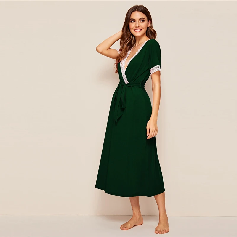 SHEIN Green Футболка с кружевной отделкой и глубоким v-образным вырезом, ночная сорочка с поясом для женщин, ночная рубашка, осенняя пикантная Женская одежда для сна с коротким рукавом