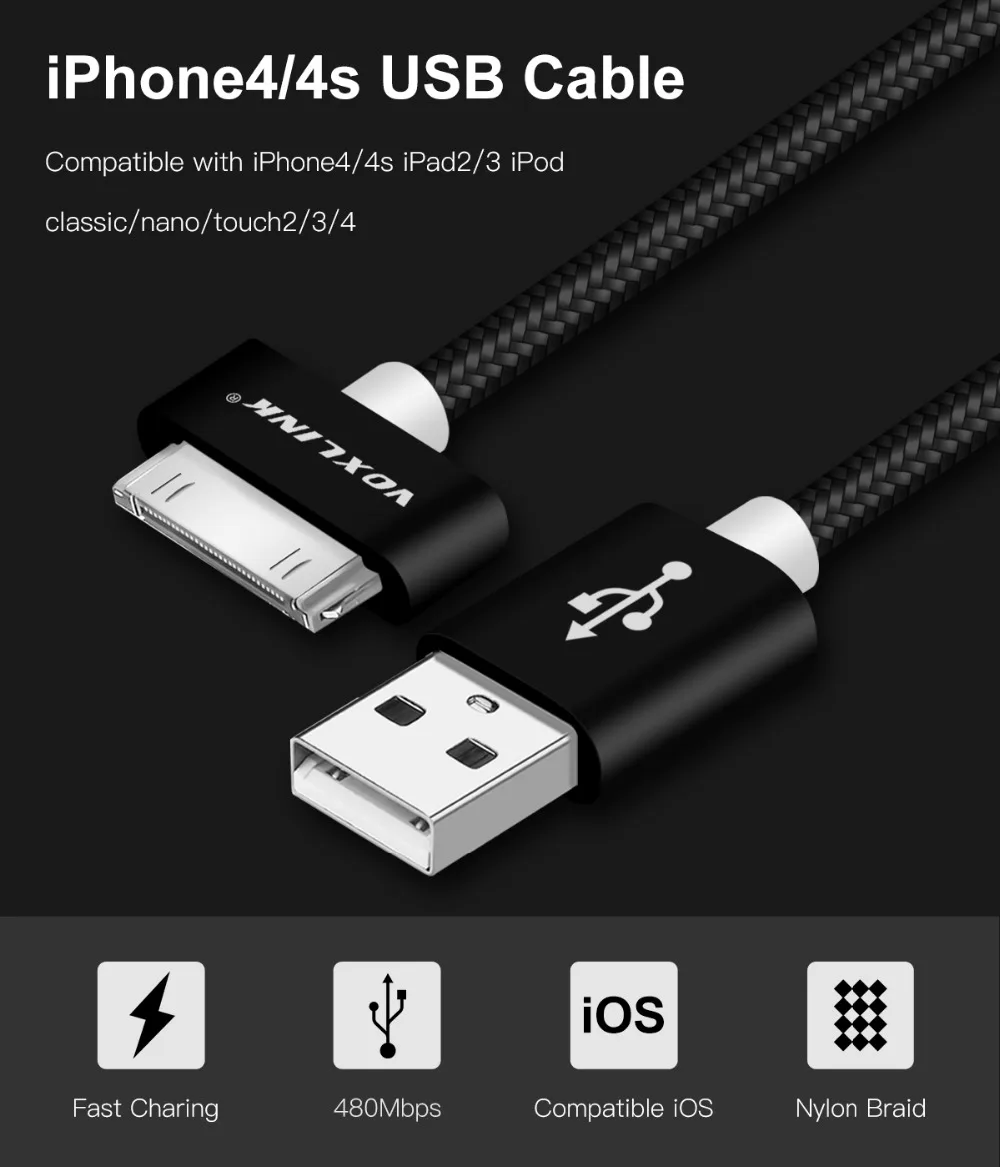 VOXLINK USB кабель для зарядки Быстрая зарядка для iphone 4 s 4s 3g S 3g iPad 1 2 3 iPod Nano itouch 30 Pin зарядное устройство адаптер синхронизации данных