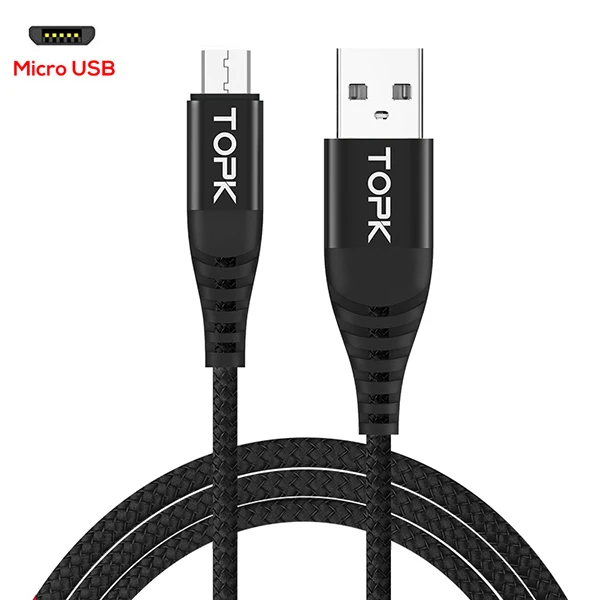 TOPK Micro USB Cable Nylon Braided Data Sync Cable for Samsung S7 Edge Xiaomi Redmi 4X Android Mobile Phone Micro Black