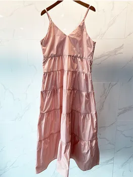 

2020 New Pink Women Sling Maxi Dress Backless Sweet Lady Pleated V-neck Spaghetti Strap Female Long Dresses