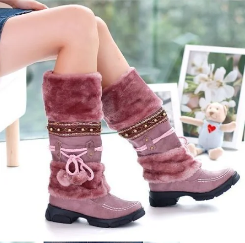 Women knee high Boots gladiator low heels autumn fur warm winter plus size shoes Booties vintage Shoe Martin mujer H222