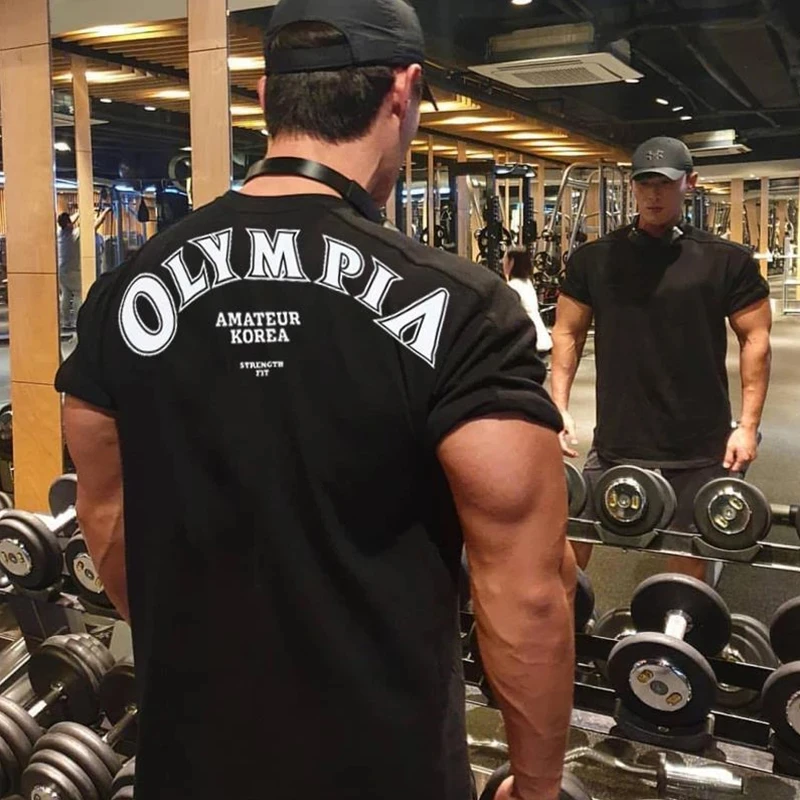 

OLYMPIA Cotton Gym Shirt Sport T Shirt Men Short Sleeve Running Shirt Men Workout Training Tees Fitness Loose large