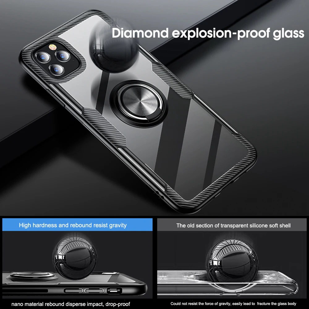 Для iPhone 11 Pro MAX чехол прозрачный закаленное стекло задняя крышка для iPhone XS XR X 8 7 6 6S Plus автомобильный магнитный держатель для колец чехол
