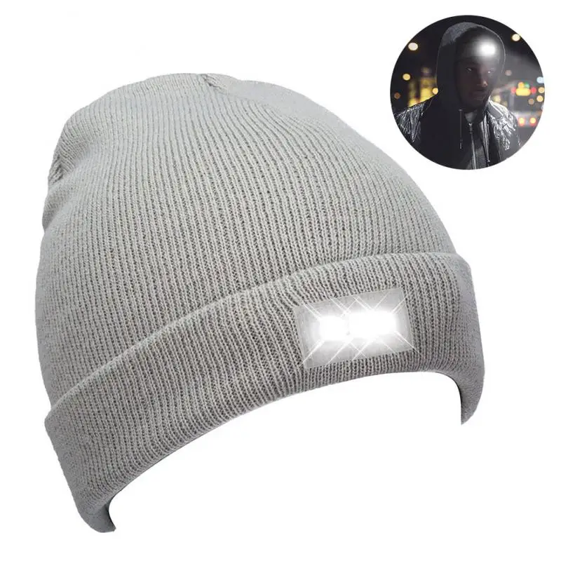 Unisex 4 LED Light Hat Button Battery Type Hands Free Flashlight Cap LED Beanies Knit Hat Keep Warm For Climbing Fishing Outdoor skullies men