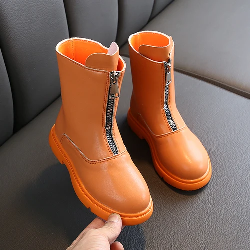 Бренд осень-зима для маленьких девочек сапоги "Принцесса" детские сапоги на молнии кожаные ботинки до середины икры для девочек в школьном мотоботы - Цвет: Оранжевый