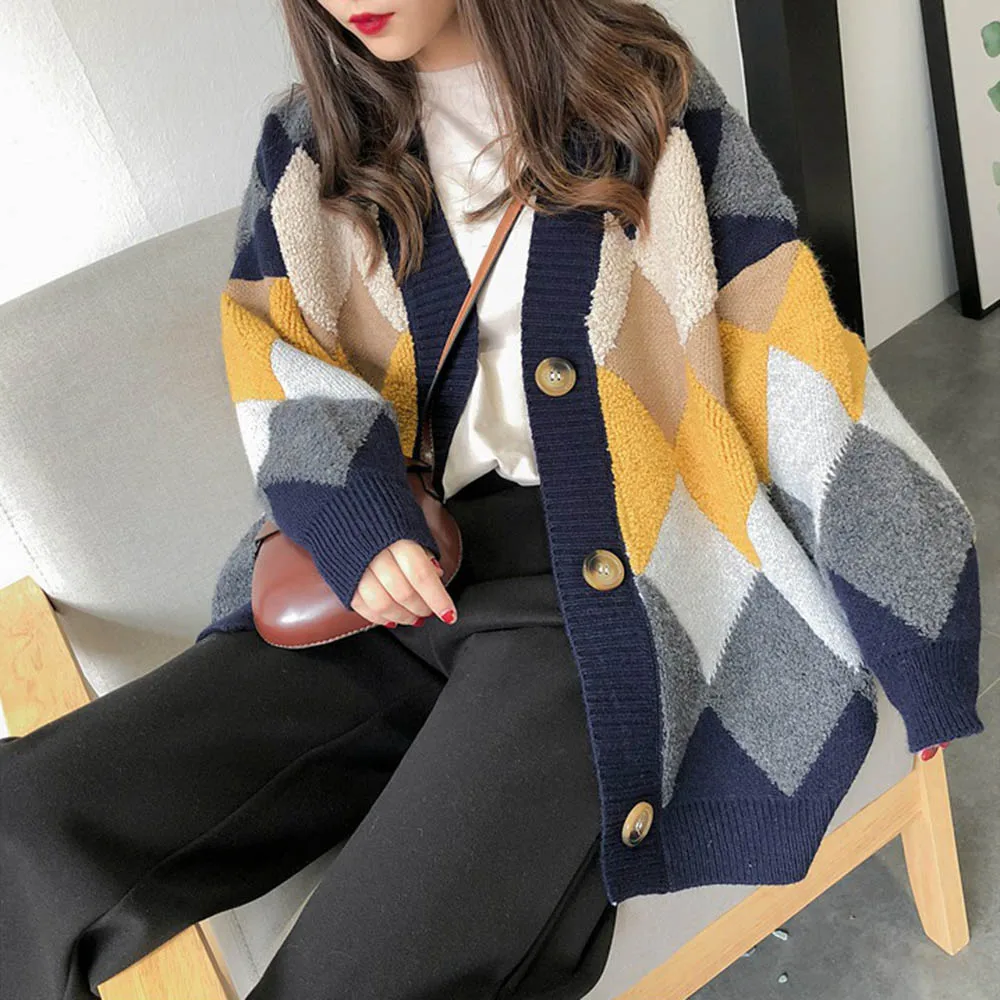 Loose Cardigan Sweater Coat Jacket Colorful Diamond Lattice Knit Korean Style Knitted Cardigan Single Breast Sweaters Women Tops - Color: Navy Blue