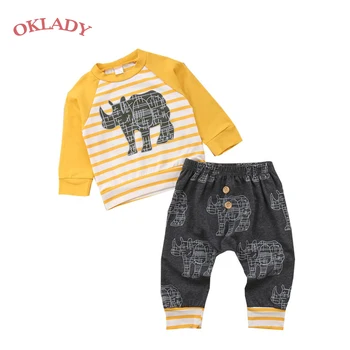 

OKLADY Newborn Baby Clothes Autumn Rhino Print Stripe Boys Clothes Set Infant Winter Toddler Clothes Girl Sweatshirt Pants 0-24M