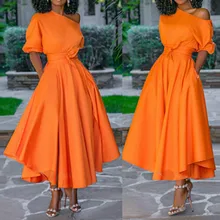 Женское платье с открытыми плечами и поясом, длинное ТРАПЕЦИЕВИДНОЕ Плиссированное оранжевое повседневное модное женское элегантное новое осенне-летнее платье