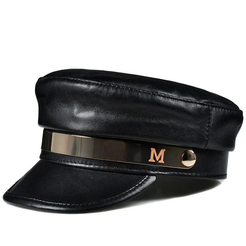 

HL810 women fashion navy hat cap 2019 new genuine leather beret student girl baseball caps black color