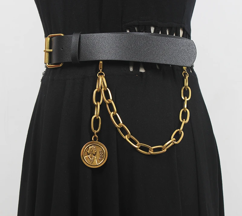 

Women's Runway Fashion PU Leather Gold Metal Chain Cummerbunds Female Dress Corsets Waistband Belts Decoration Narrow Belt R047