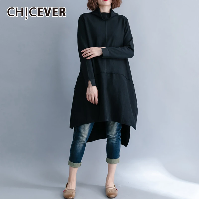 CHICEVER Vintage Knitted Sweater Women Turtleneck Long Sleeve Plus Size Loose Asymmetric Sweaters Female Clothes 2020 Spring New | Женская