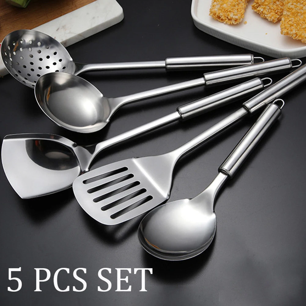 5Pcs Stainless Steel Practical Durable Easy Clean Spoon With Hanging Hole Healthy Serving Tools Kitchen Utensil Set Spatula