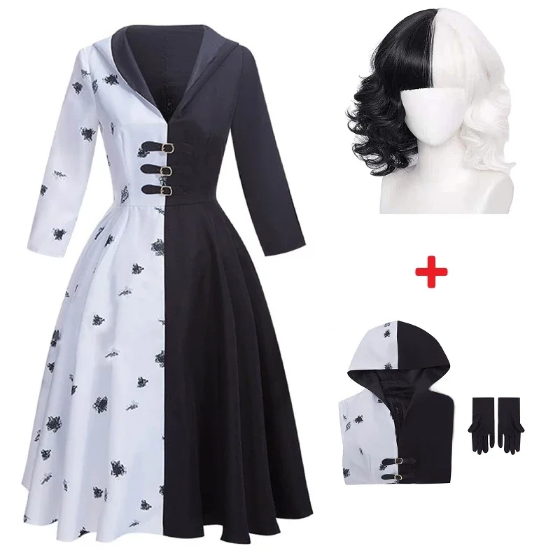Женский костюм горничной Cruella De Vil черно-белый с перчатками Искусственные парики