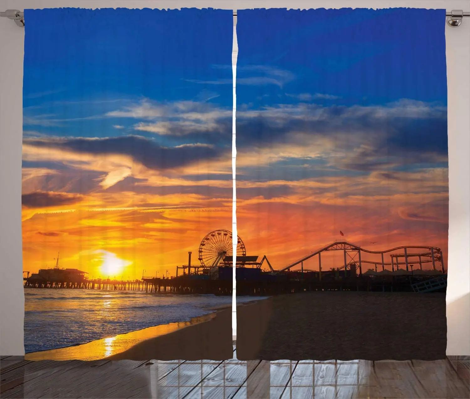 Santa Monica Pier Curtains California Sunset on Ferris Wheel and Reflection Beach Wet Sand Living Room Bedroom Window | Дом и сад