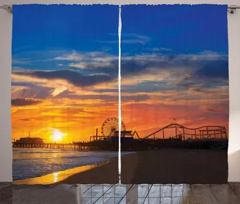 

Santa Monica Pier Curtains California Sunset on Pier Ferris Wheel and Reflection on Beach Wet Sand Living Room Bedroom Window