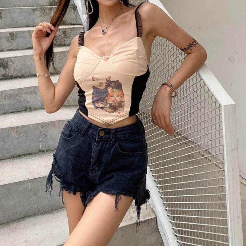 

Basic Print Vest Y2K Crop Top Women Sexy V Neck Patchwork Lace Cami Bustier Corset Tops Femme Summer 90s Aesthetic Egirl Clothes