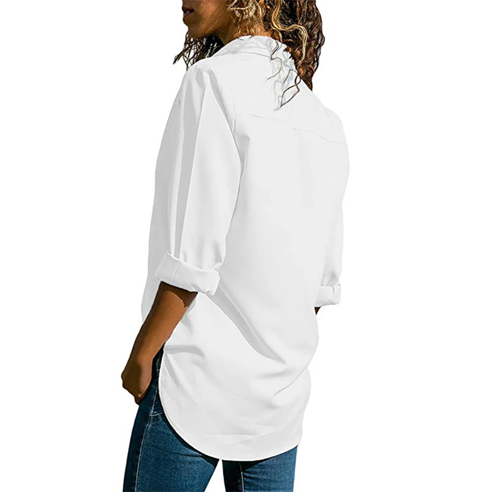 Yming/Женская офисная блуза с длинными рукавами, повседневные женские топы на пуговицах, женские блузы с отложным воротником, шифоновые блузки, Однотонная рубашка, туника