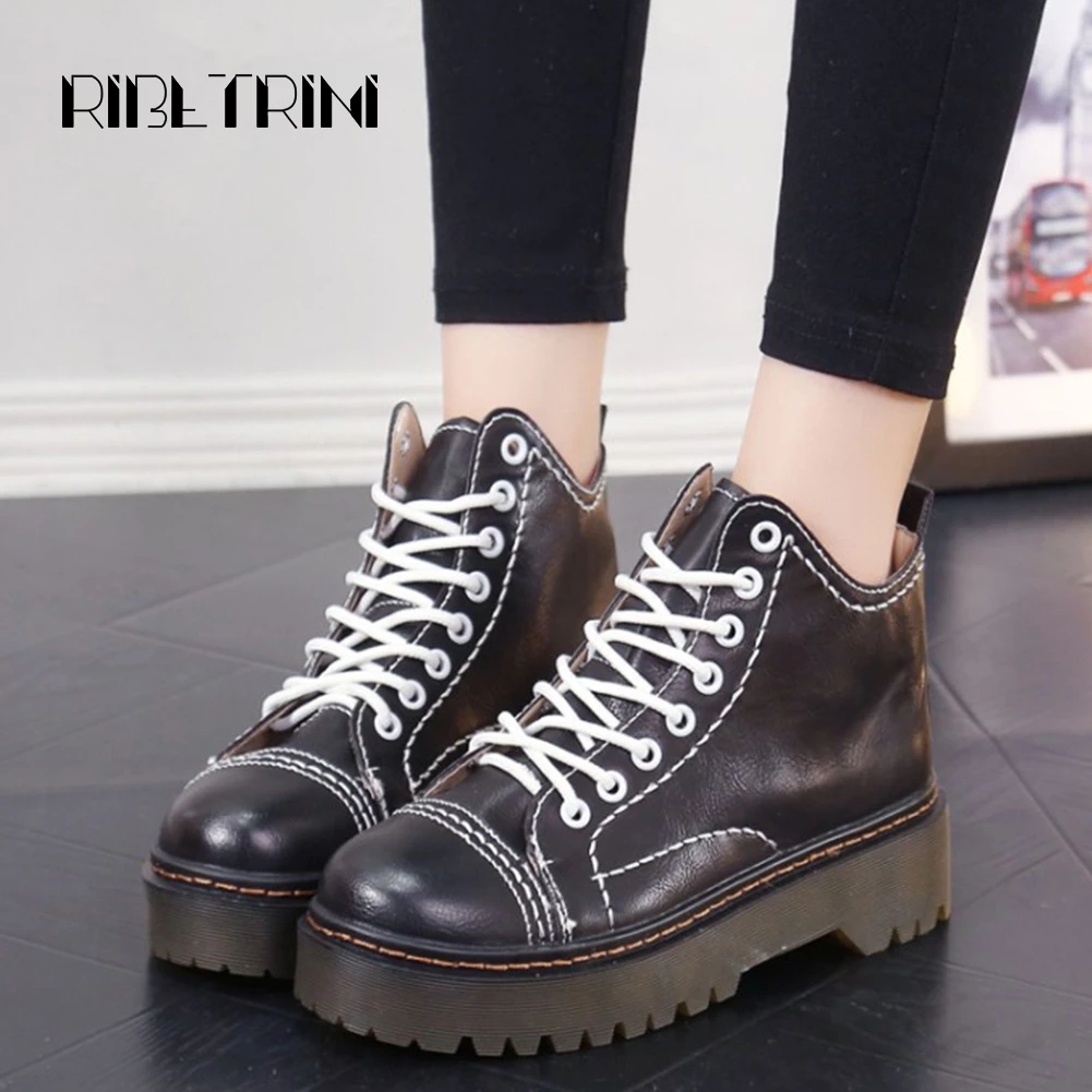 

RIBETRINI Vintage Marten Boots For Women New Thick Cow Muscle Sole Antislip Platform Lace Up High Top Ankle Boots Autumn Shoes