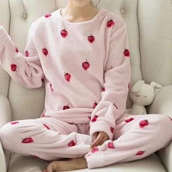 

SFIT Pajamas Women Winter Flannel Long-sleeved Thickening Plus Velvet Coral Fleece Autumn And Winter Home Service Suit Women