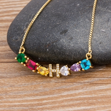 New Design Luxury Initial Alphabet A-Z Letters Charm Rainbow Pendant Necklace Copper Zirconia Choker Family Jewelry Gift