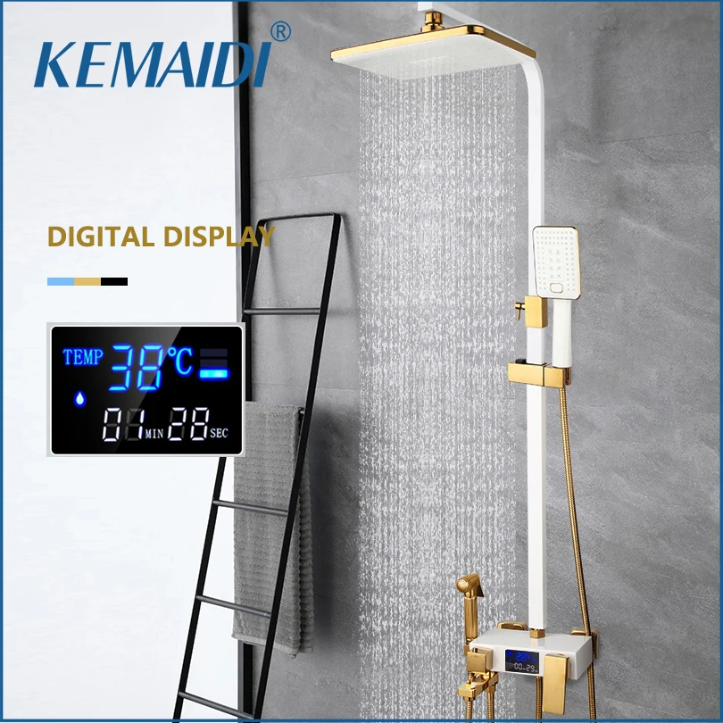 KEMAIDI White/Gold Bathroom Wall Mounted Rainfall Shower System LED Digital Shower Set Hot Cold Mixer Bath Faucet Sets