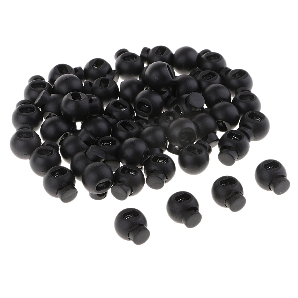 50Pcs Plastic Black Cord Locks Spring Single Hole Toggles Stoppers End 15mm 