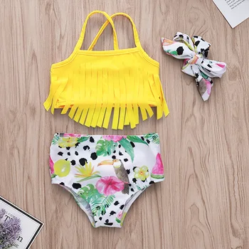 

3pcs/set Baby Girls Swimsuit Children Tassel Summer Swimwear for Girl Swimsuit with Headwear Bikini Outfits 3Pcs