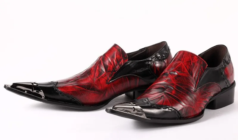 

Christia Bella Golden Pointed Toe Red and Black Men Genuine Leather Shoes Men's Fashion Large Size Shoes Men's Party Prom Shoes